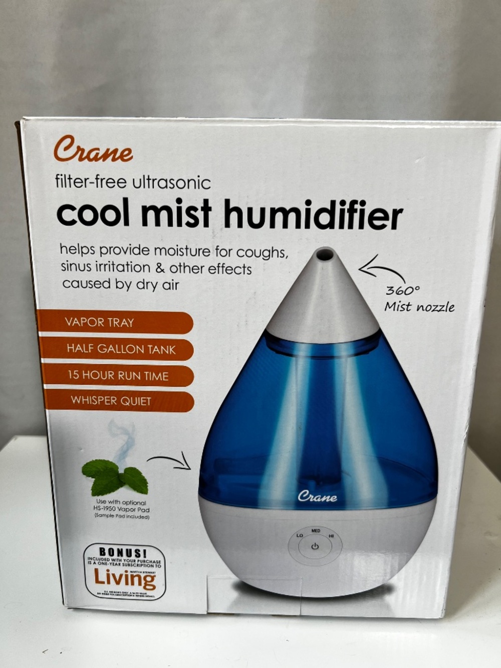 Crane Droplet Ultrasonic Teardrop Cool Mist Air Humidifier, 0.5 Gal, Blue White